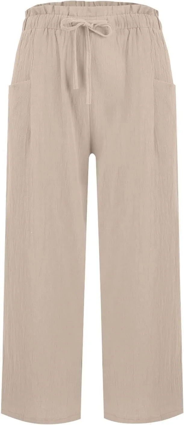 Wide Leg Pants for Women Linen Cotton Lightweight Palazzo Pant High Waisted Casual Loose Comfy Summer Beach Trousers
