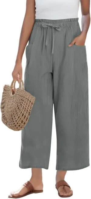 Wide Leg Pants for Women Linen Cotton Lightweight Palazzo Pant High Waisted Casual Loose Comfy Summer Beach Trousers