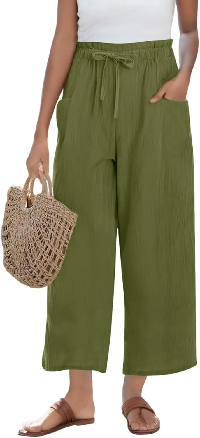 Wide Leg Pants for Women Linen Cotton Lightweight Palazzo Pant High Waisted Casual Loose Comfy Summer Beach Trousers