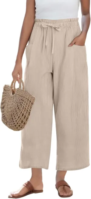 Wide Leg Pants for Women Linen Cotton Lightweight Palazzo Pant High Waisted Casual Loose Comfy Summer Beach Trousers