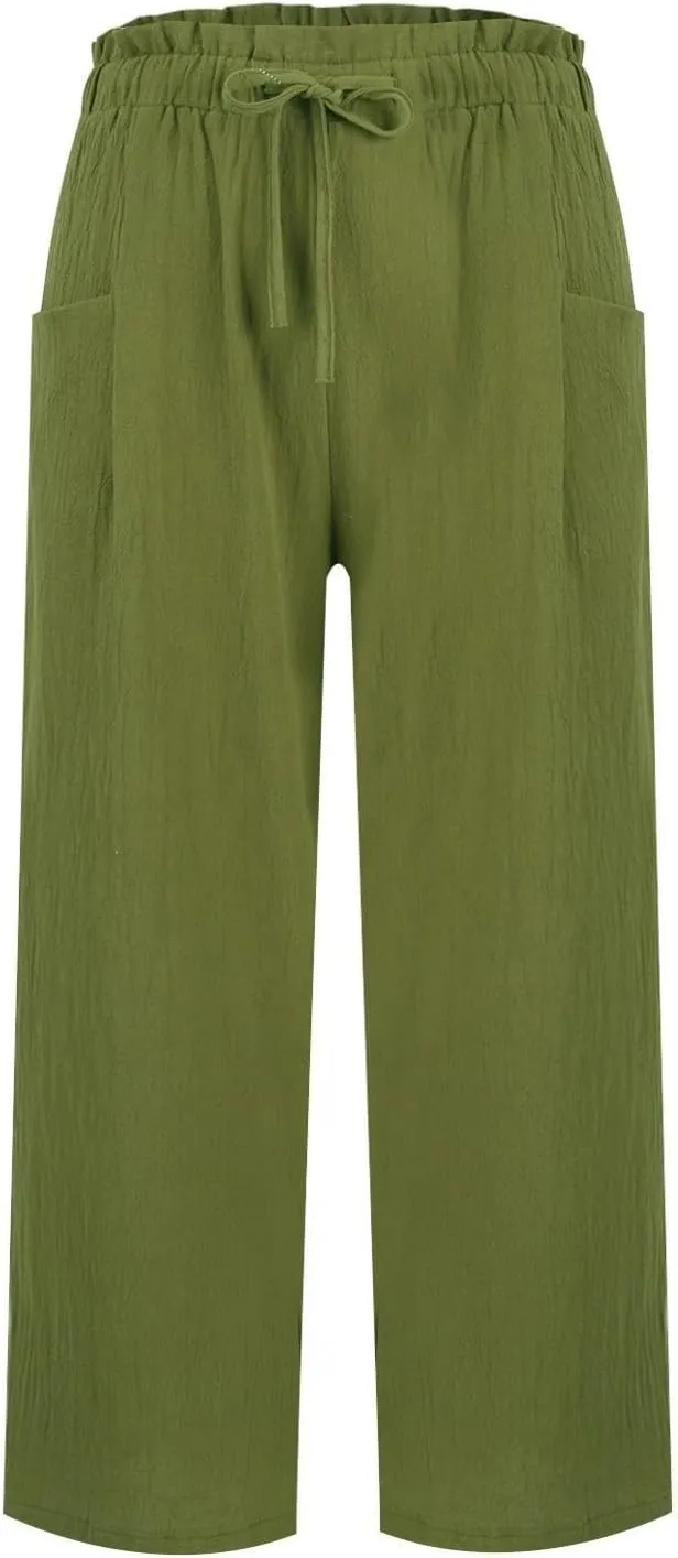 Wide Leg Pants for Women Linen Cotton Lightweight Palazzo Pant High Waisted Casual Loose Comfy Summer Beach Trousers
