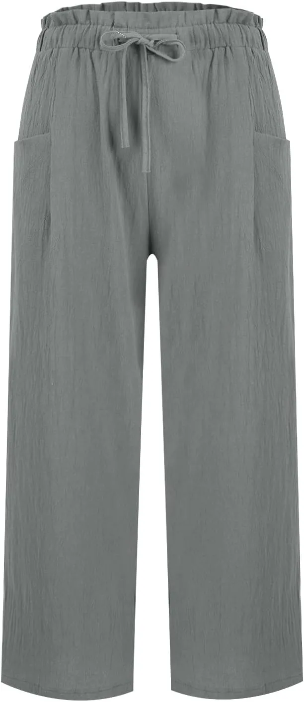 Wide Leg Pants for Women Linen Cotton Lightweight Palazzo Pant High Waisted Casual Loose Comfy Summer Beach Trousers