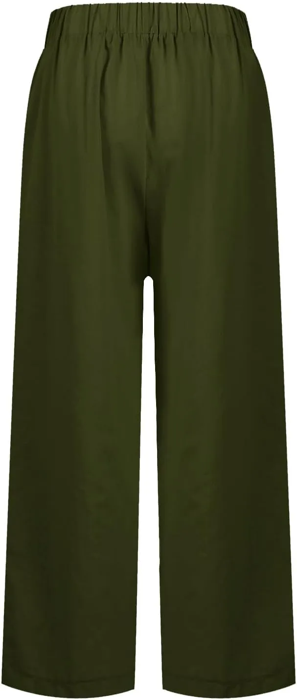 Wide Leg Pants Woman Casual Linen Elastic Waisted Pants Straight Loose Comfy Trousers Solid Sweatpants with Pocket