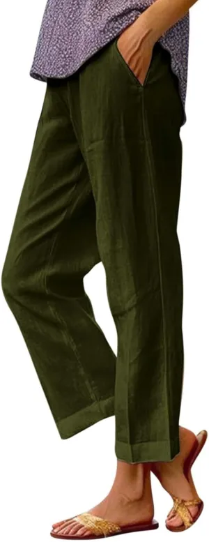 Wide Leg Pants Woman Casual Linen Elastic Waisted Pants Straight Loose Comfy Trousers Solid Sweatpants with Pocket