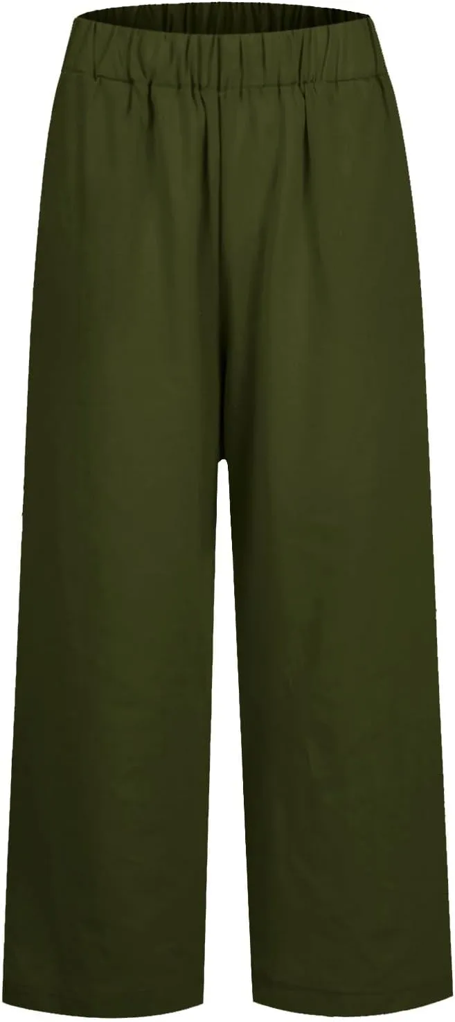 Wide Leg Pants Woman Casual Linen Elastic Waisted Pants Straight Loose Comfy Trousers Solid Sweatpants with Pocket