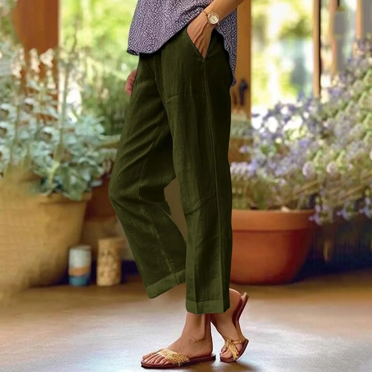 Wide Leg Pants Woman Casual Linen Elastic Waisted Pants Straight Loose Comfy Trousers Solid Sweatpants with Pocket