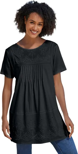 Woman Within Plus Size Embroidered Eyelet Pintucked Tunic