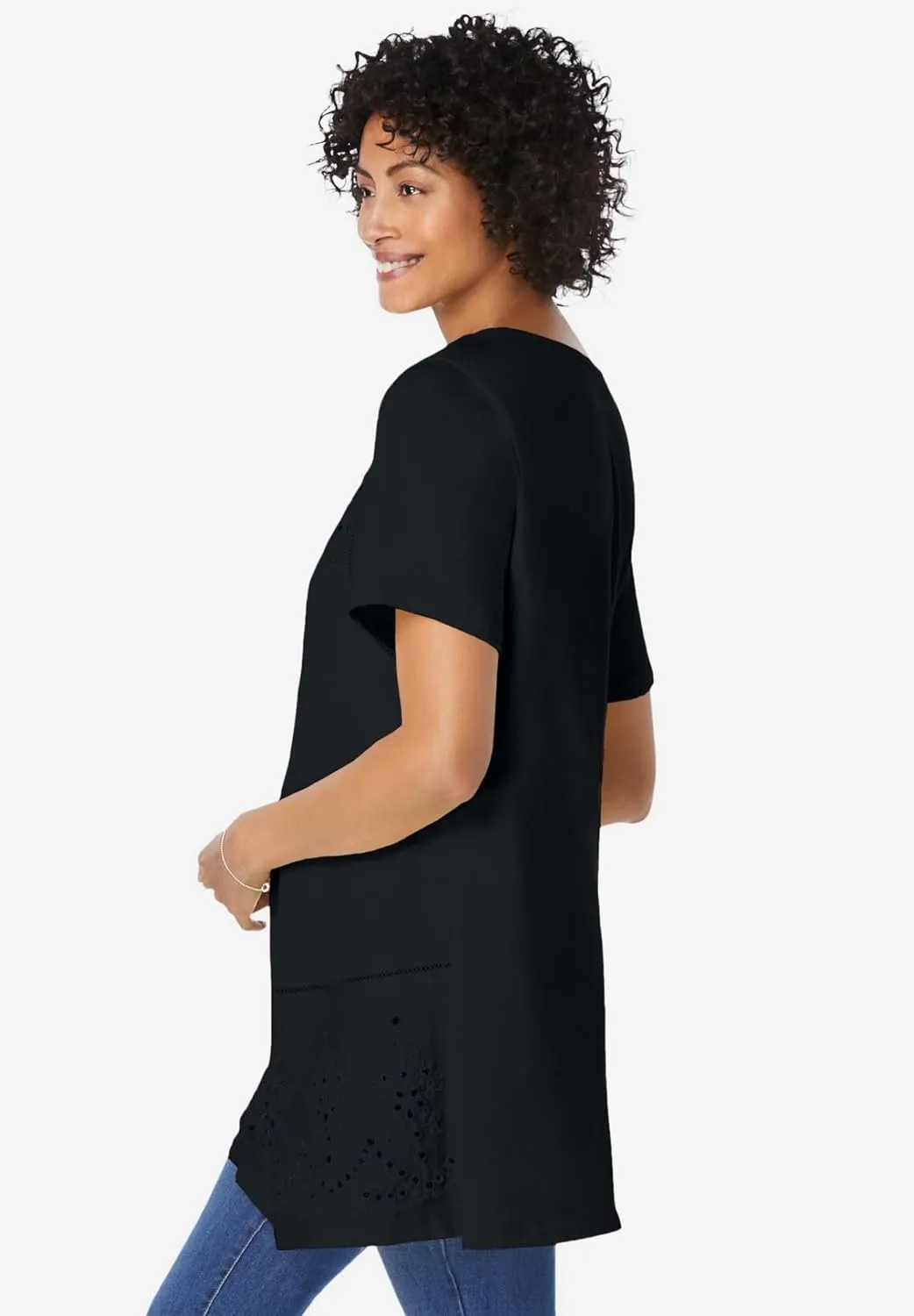 Woman Within Plus Size Embroidered Eyelet Pintucked Tunic