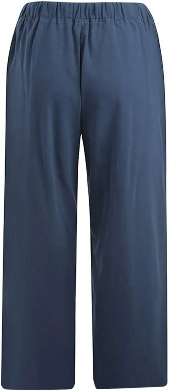 Women Capri Pants 2024 Summer Trendy Linen Cropped Trouser Beach Loose Comfy Casual Palazzo Pants with Pockets