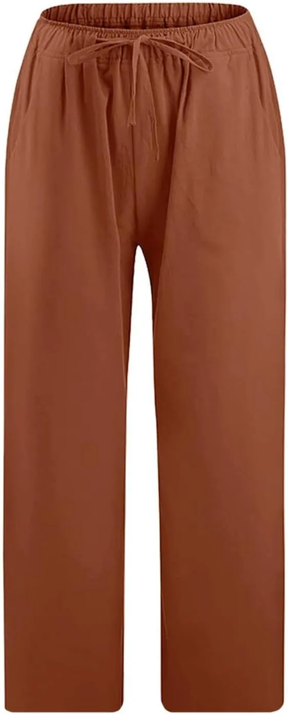 Women Capri Pants 2024 Summer Trendy Linen Cropped Trouser Beach Loose Comfy Casual Palazzo Pants with Pockets