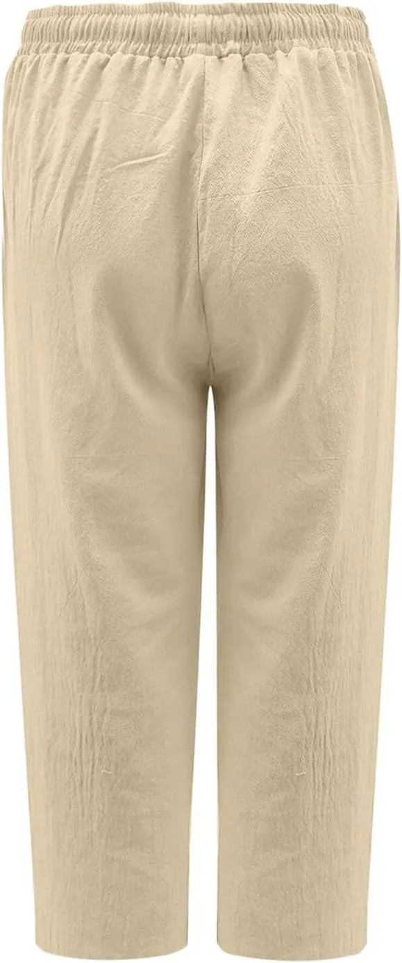 Women Capri Pants 2024 Summer Trendy Linen Cropped Trouser Beach Loose Comfy Casual Palazzo Pants with Pockets