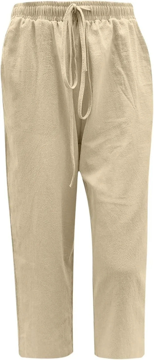 Women Capri Pants 2024 Summer Trendy Linen Cropped Trouser Beach Loose Comfy Casual Palazzo Pants with Pockets