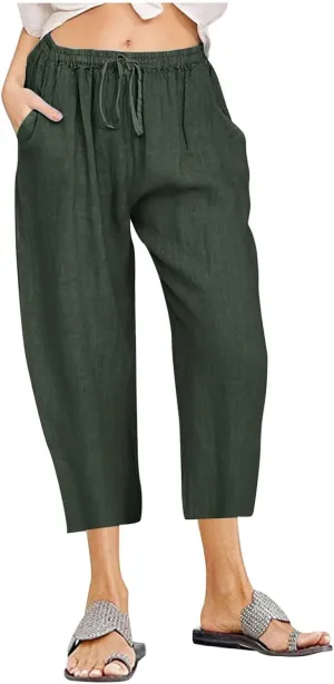 Women Capri Pants 2024 Summer Trendy Linen Cropped Trouser Beach Loose Comfy Casual Palazzo Pants with Pockets