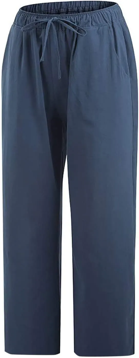 Women Capri Pants 2024 Summer Trendy Linen Cropped Trouser Beach Loose Comfy Casual Palazzo Pants with Pockets