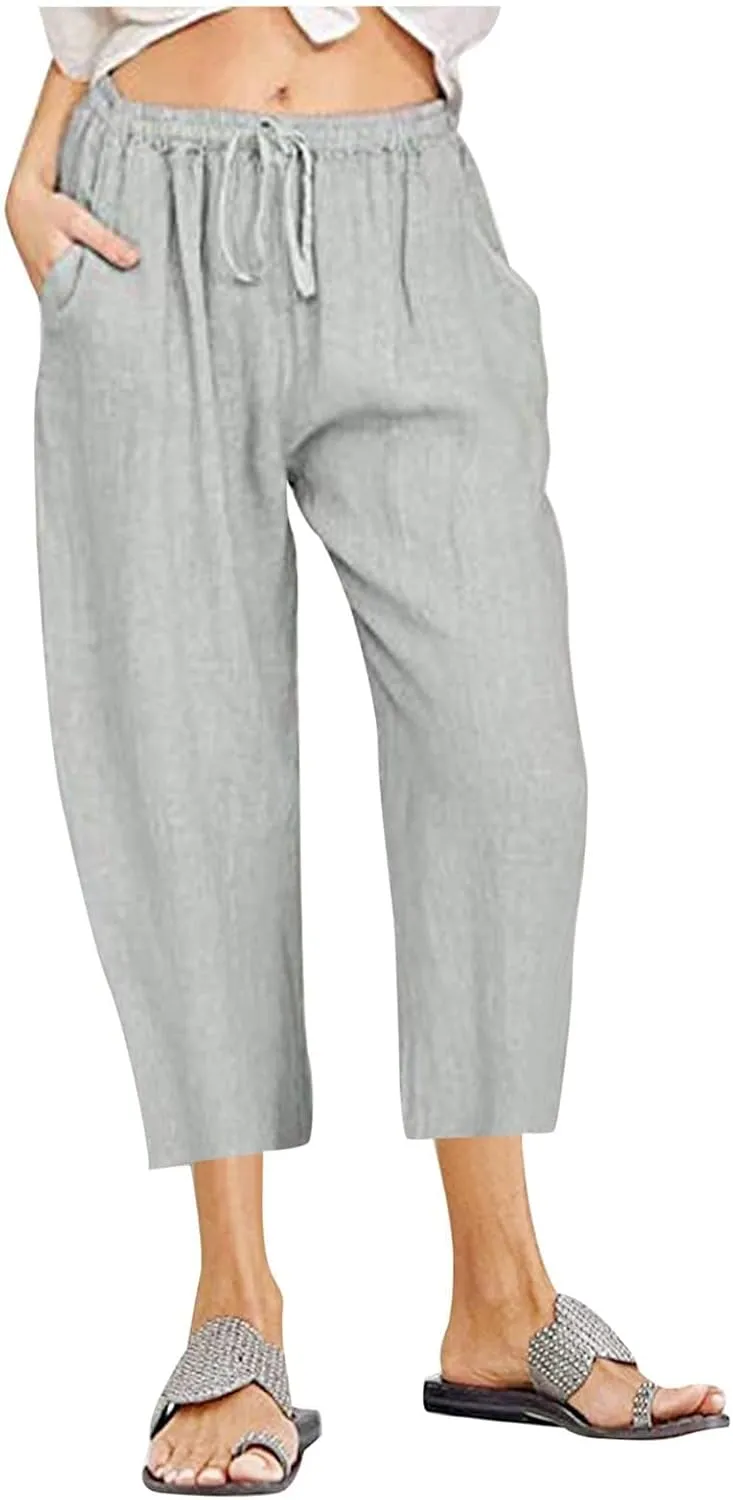Women Capri Pants 2024 Summer Trendy Linen Cropped Trouser Beach Loose Comfy Casual Palazzo Pants with Pockets