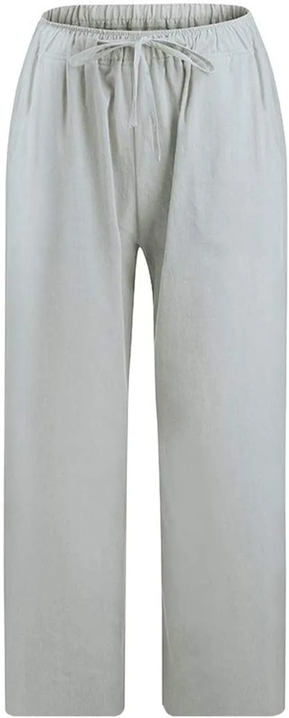 Women Capri Pants 2024 Summer Trendy Linen Cropped Trouser Beach Loose Comfy Casual Palazzo Pants with Pockets