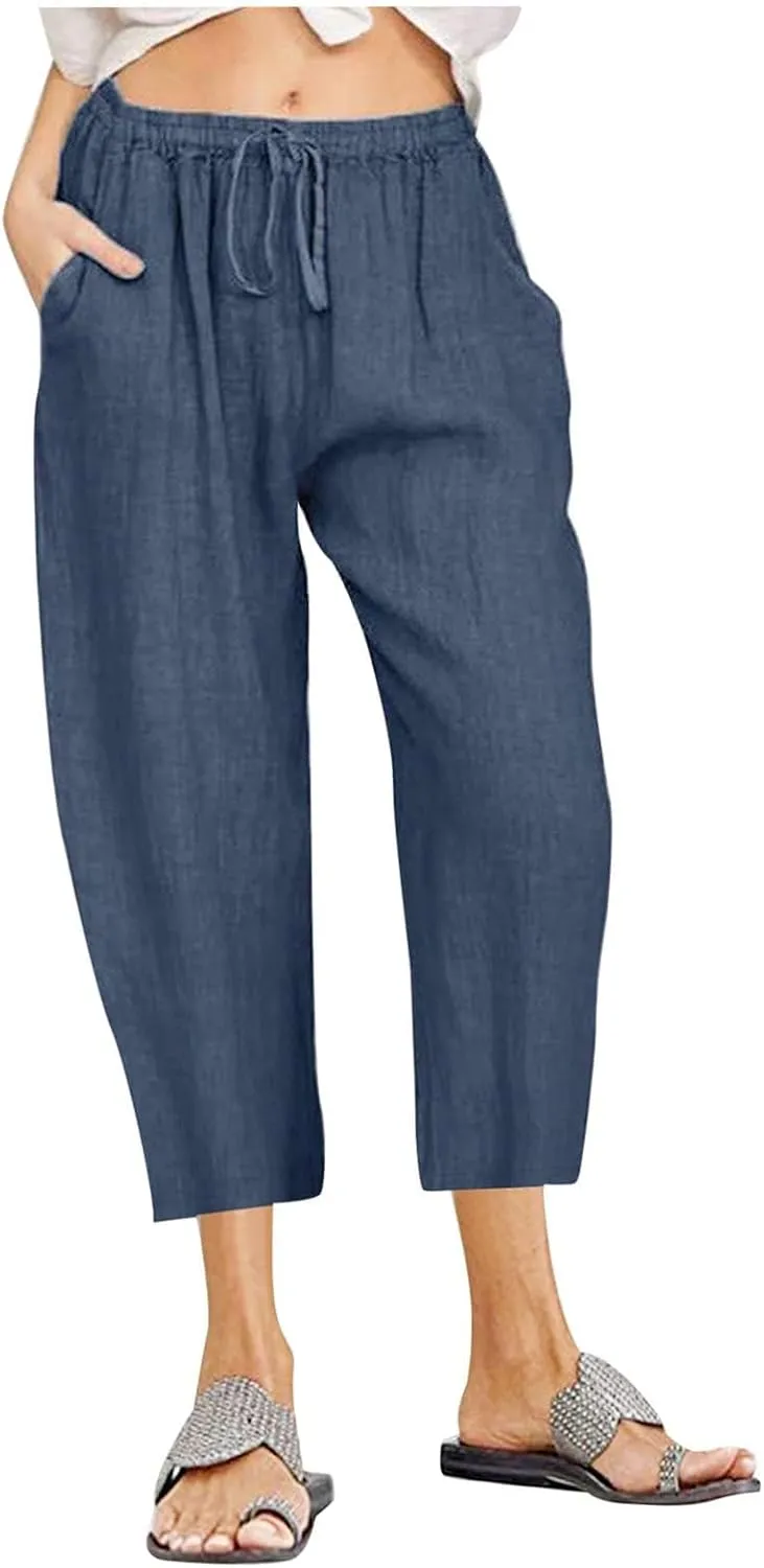 Women Capri Pants 2024 Summer Trendy Linen Cropped Trouser Beach Loose Comfy Casual Palazzo Pants with Pockets
