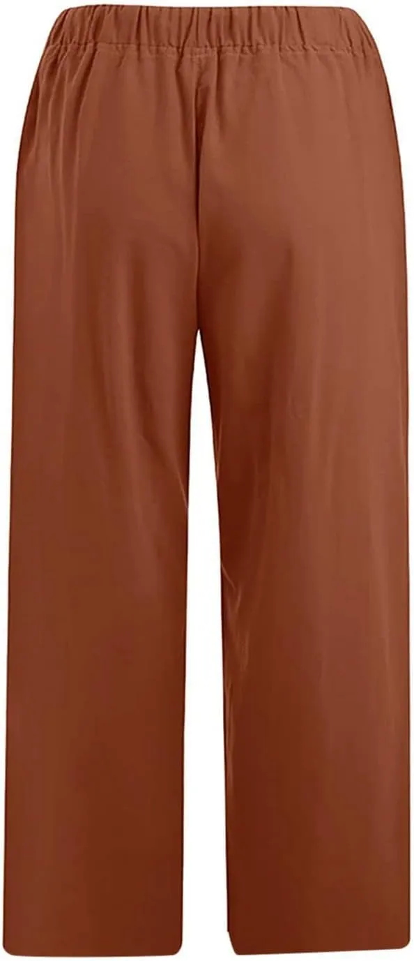 Women Capri Pants 2024 Summer Trendy Linen Cropped Trouser Beach Loose Comfy Casual Palazzo Pants with Pockets