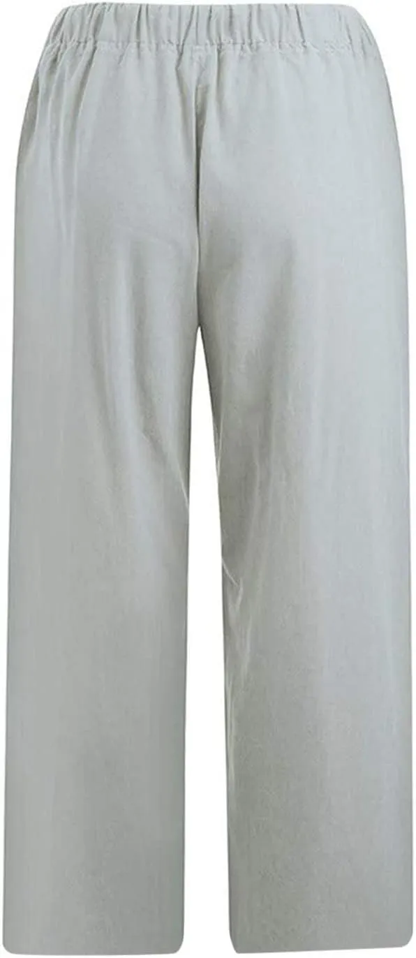Women Capri Pants 2024 Summer Trendy Linen Cropped Trouser Beach Loose Comfy Casual Palazzo Pants with Pockets