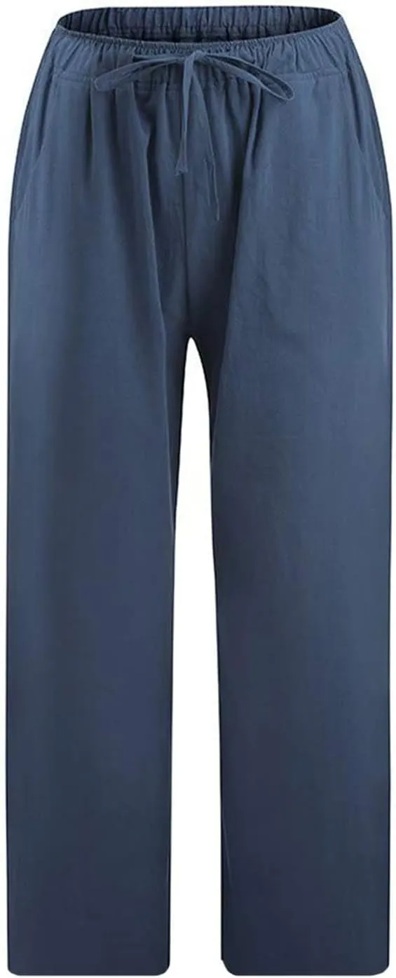 Women Capri Pants 2024 Summer Trendy Linen Cropped Trouser Beach Loose Comfy Casual Palazzo Pants with Pockets