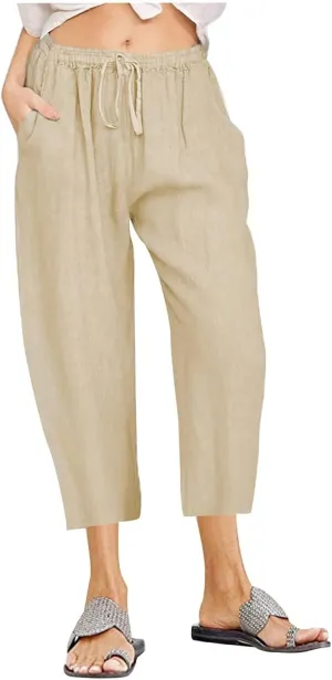 Women Capri Pants 2024 Summer Trendy Linen Cropped Trouser Beach Loose Comfy Casual Palazzo Pants with Pockets