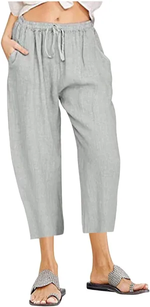 Women Capri Pants 2024 Summer Trendy Linen Cropped Trouser Beach Loose Comfy Casual Palazzo Pants with Pockets
