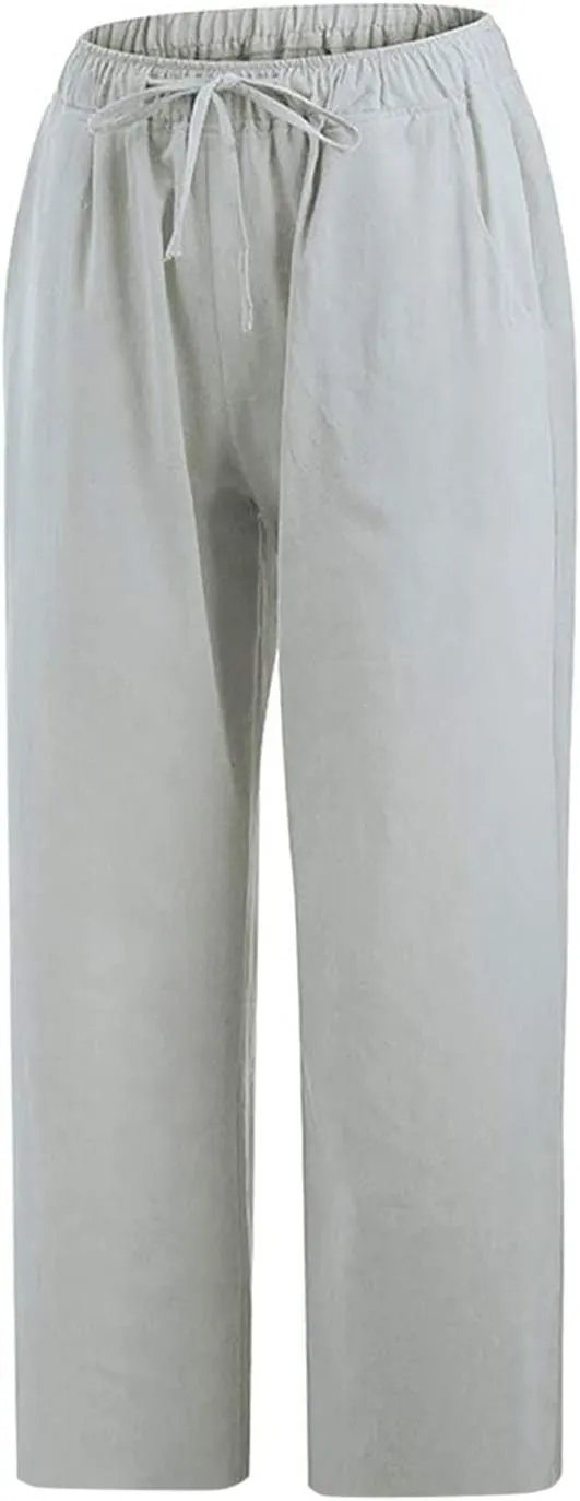 Women Capri Pants 2024 Summer Trendy Linen Cropped Trouser Beach Loose Comfy Casual Palazzo Pants with Pockets