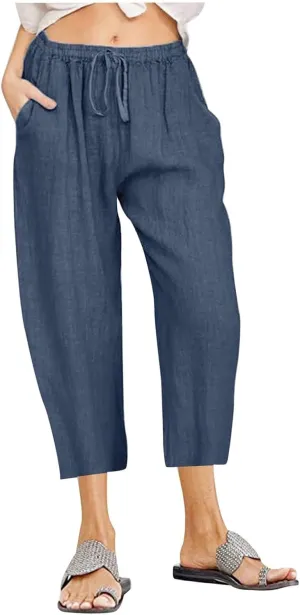 Women Capri Pants 2024 Summer Trendy Linen Cropped Trouser Beach Loose Comfy Casual Palazzo Pants with Pockets