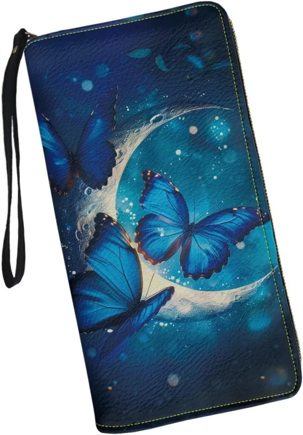 Women Clutch Wallet with Coin Pocket Credit Card Holder Blue Butterfly Moon Purse Long PU Leather Cash With Wristlet