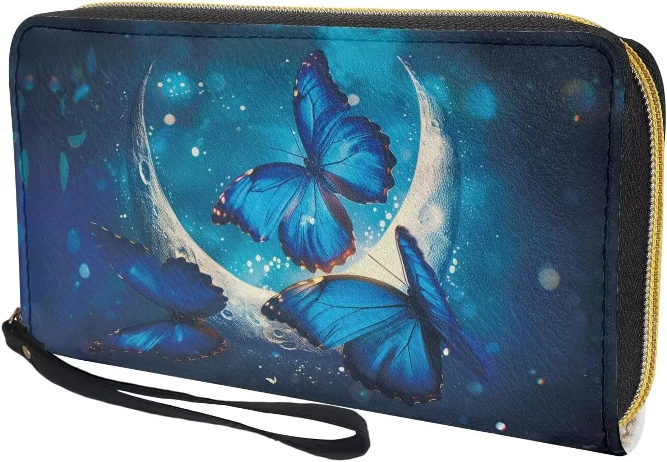 Women Clutch Wallet with Coin Pocket Credit Card Holder Blue Butterfly Moon Purse Long PU Leather Cash With Wristlet