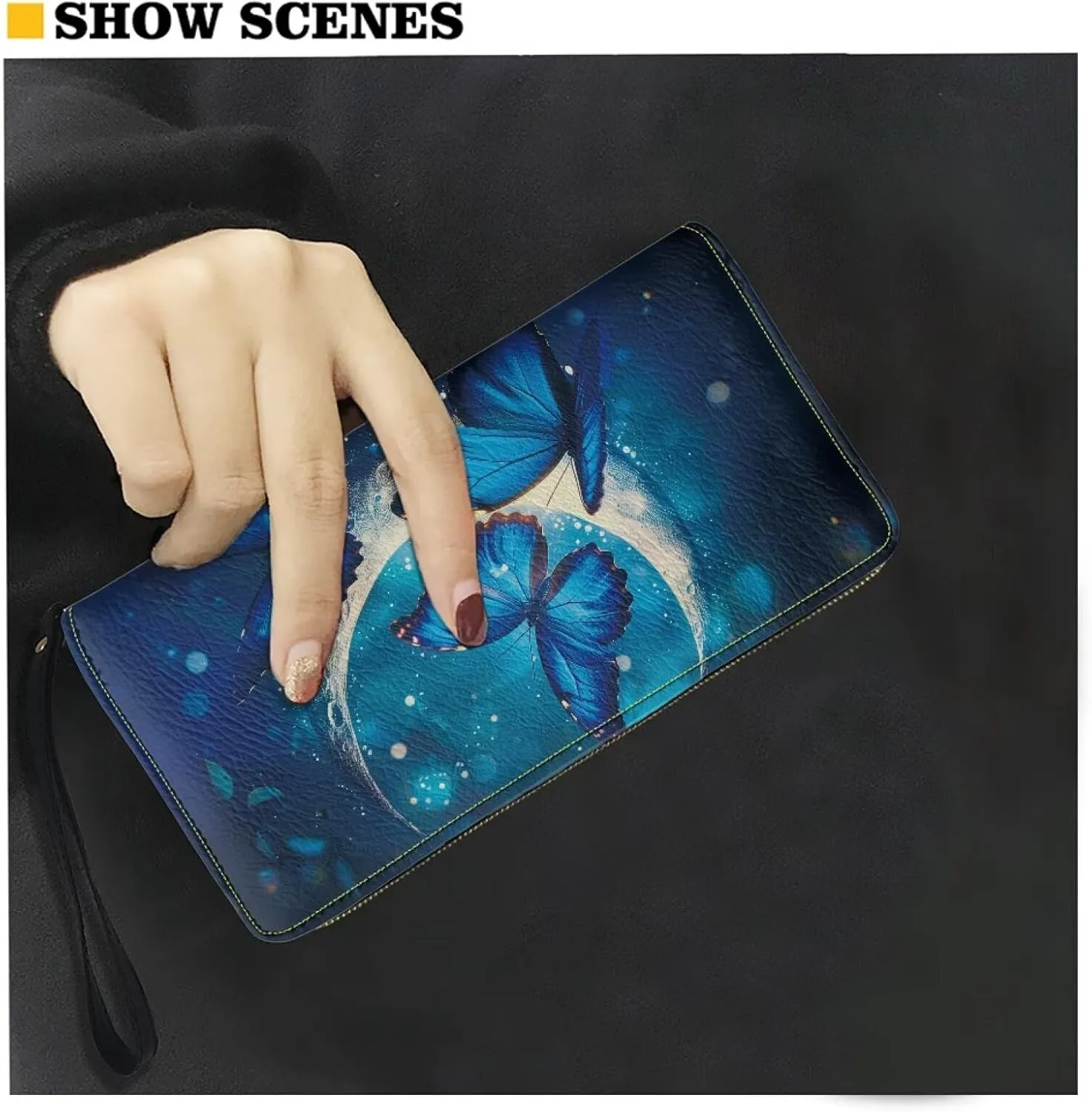 Women Clutch Wallet with Coin Pocket Credit Card Holder Blue Butterfly Moon Purse Long PU Leather Cash With Wristlet