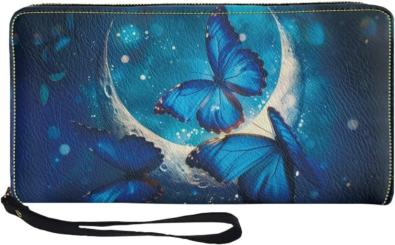 Women Clutch Wallet with Coin Pocket Credit Card Holder Blue Butterfly Moon Purse Long PU Leather Cash With Wristlet