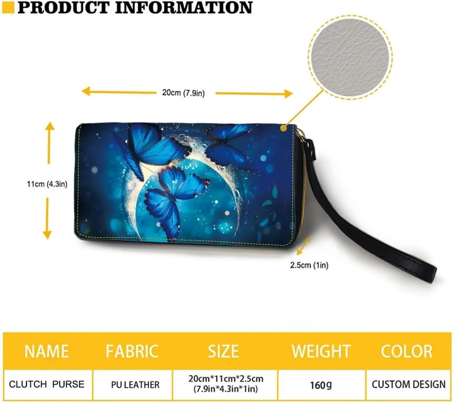 Women Clutch Wallet with Coin Pocket Credit Card Holder Blue Butterfly Moon Purse Long PU Leather Cash With Wristlet