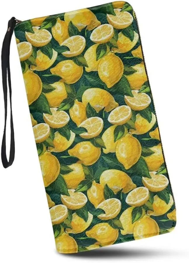 Women Clutch Zip Around Lemon Wallet With Coin Pocket Credit Card Holder Purse Long PU Leather Cash Bags With Wristlet