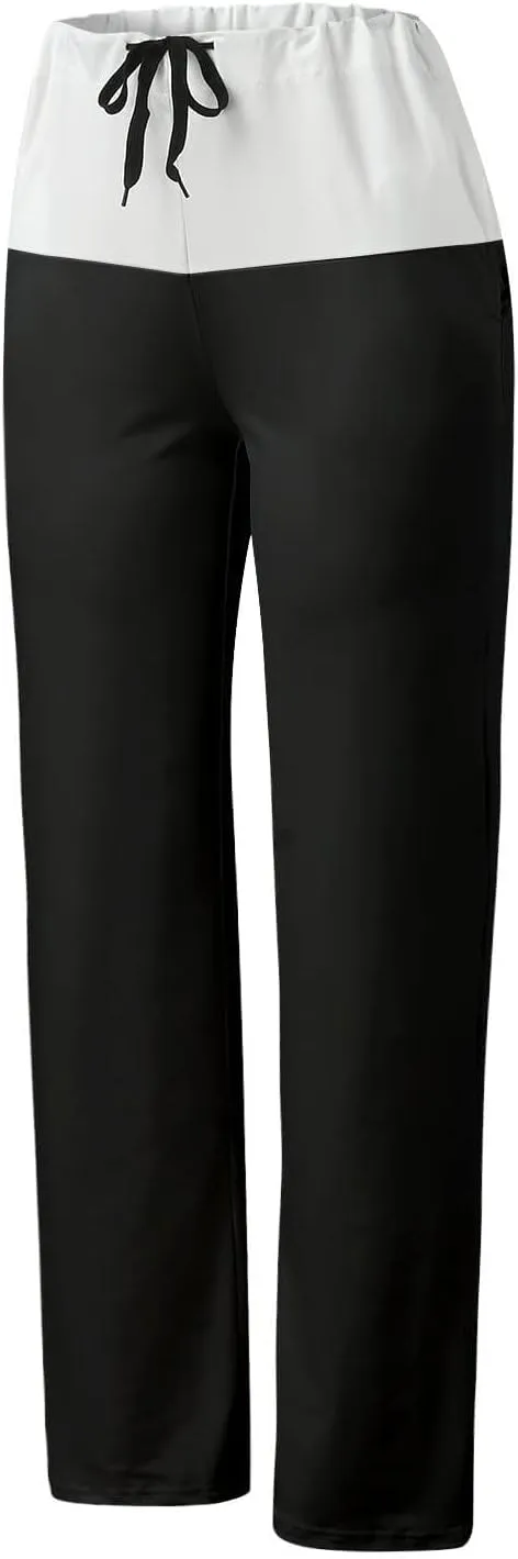 Women Color Block Yoga Pants High Waist Loose Comfy Sweatpants Soft Stretch Wide Leg Drawstring Trouser Lounge Slacks