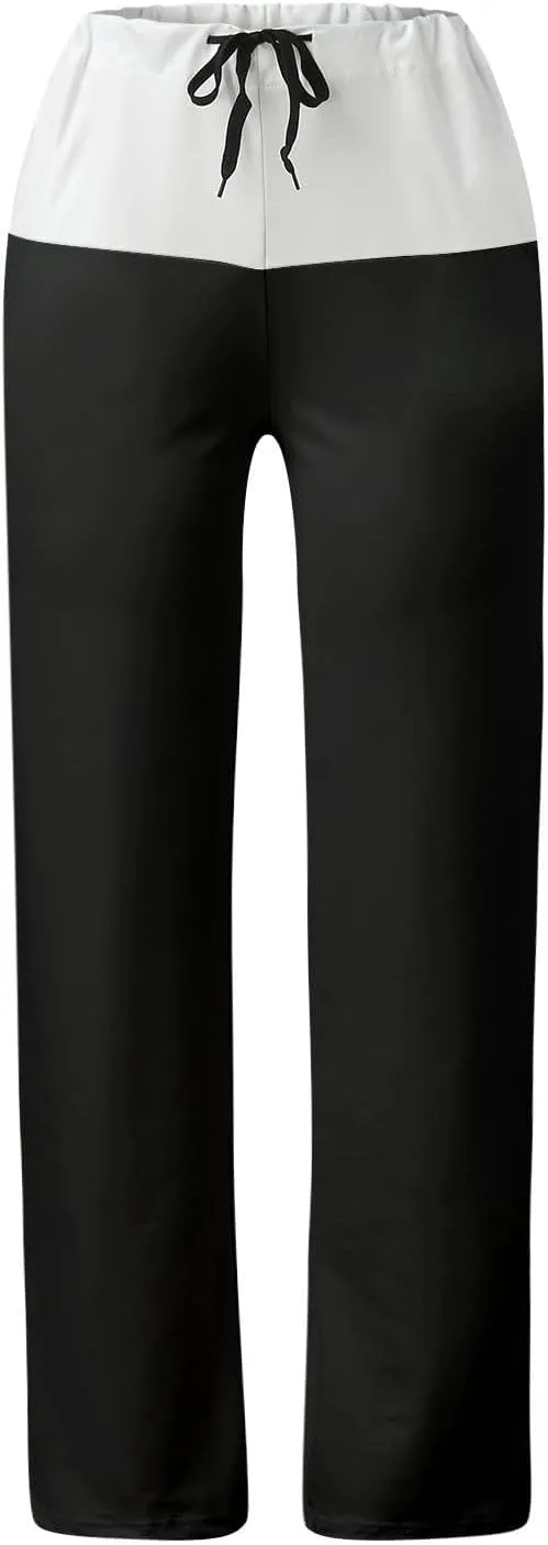 Women Color Block Yoga Pants High Waist Loose Comfy Sweatpants Soft Stretch Wide Leg Drawstring Trouser Lounge Slacks