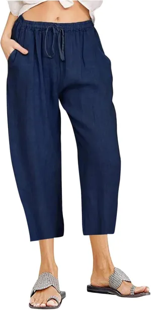 Women Cotton Linen Capris Casual Summer High Waisted Drawstring Carpi Pants Loose Comfy Cropped Trousers