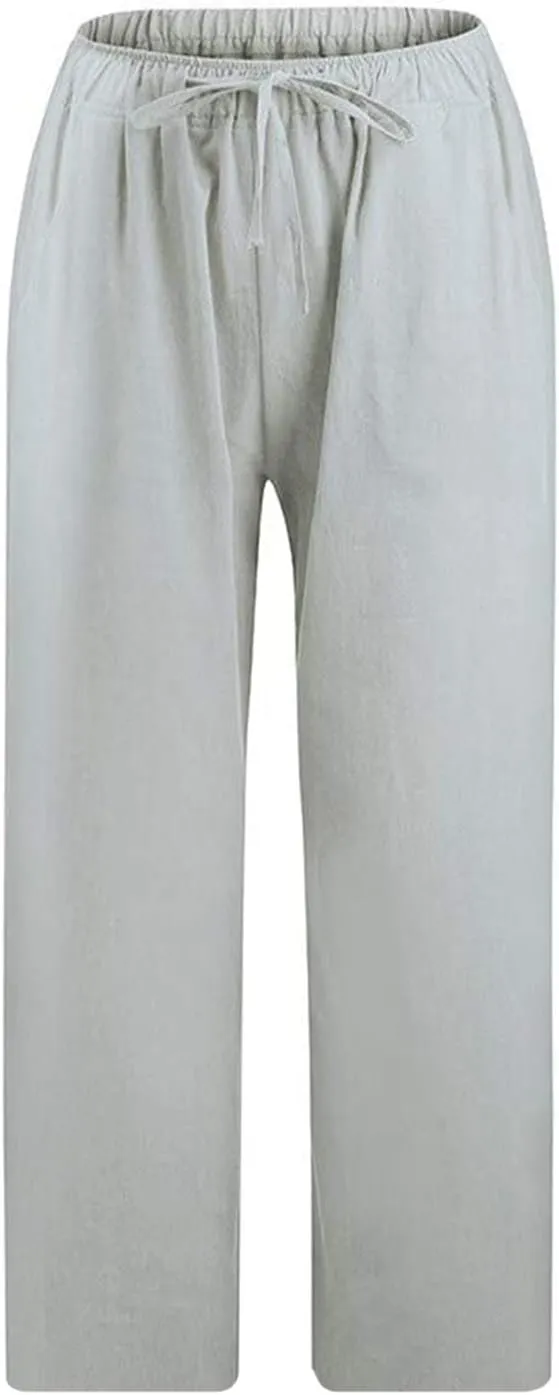 Women Cotton Linen Capris Casual Summer High Waisted Drawstring Carpi Pants Loose Comfy Cropped Trousers