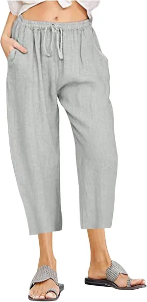 Women Cotton Linen Capris Casual Summer High Waisted Drawstring Carpi Pants Loose Comfy Cropped Trousers