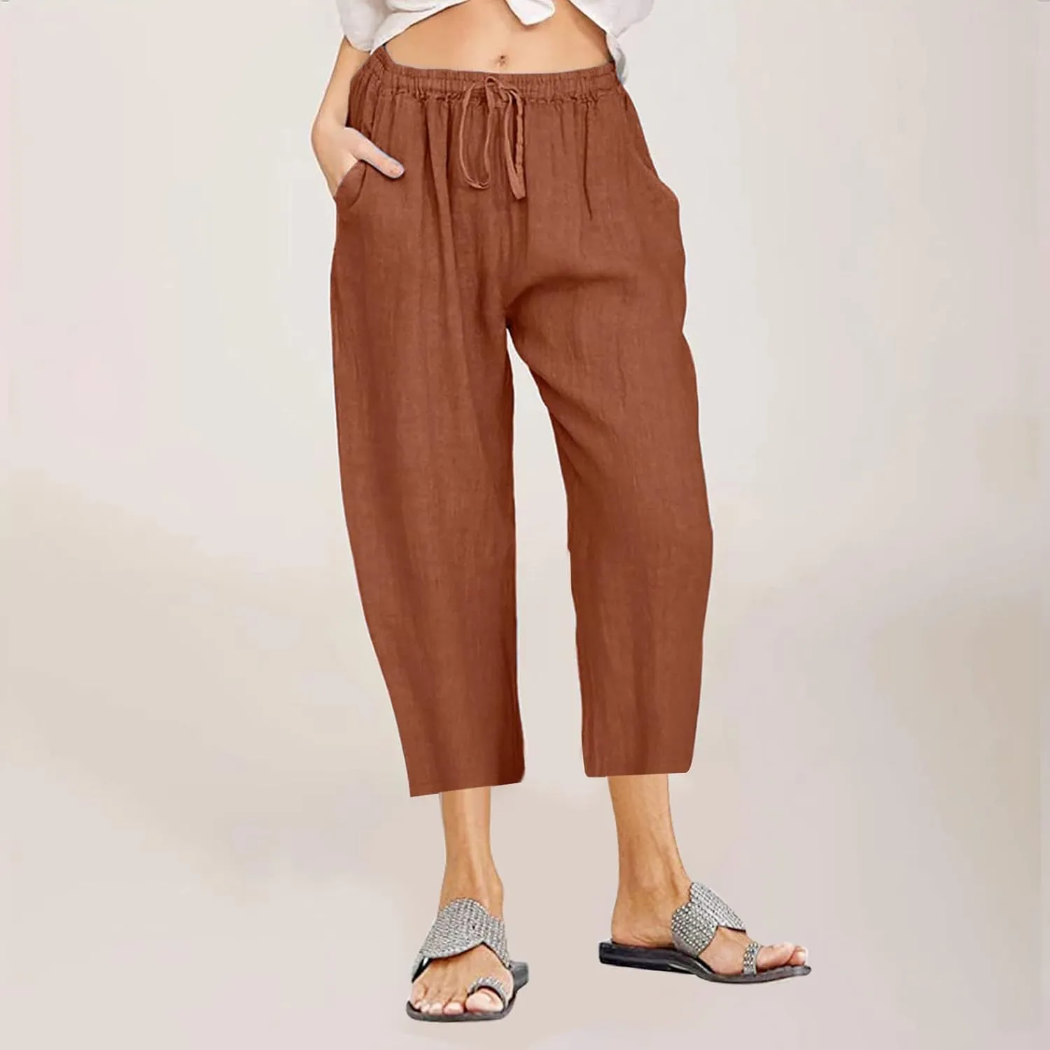 Women Cotton Linen Capris Casual Summer High Waisted Drawstring Carpi Pants Loose Comfy Cropped Trousers