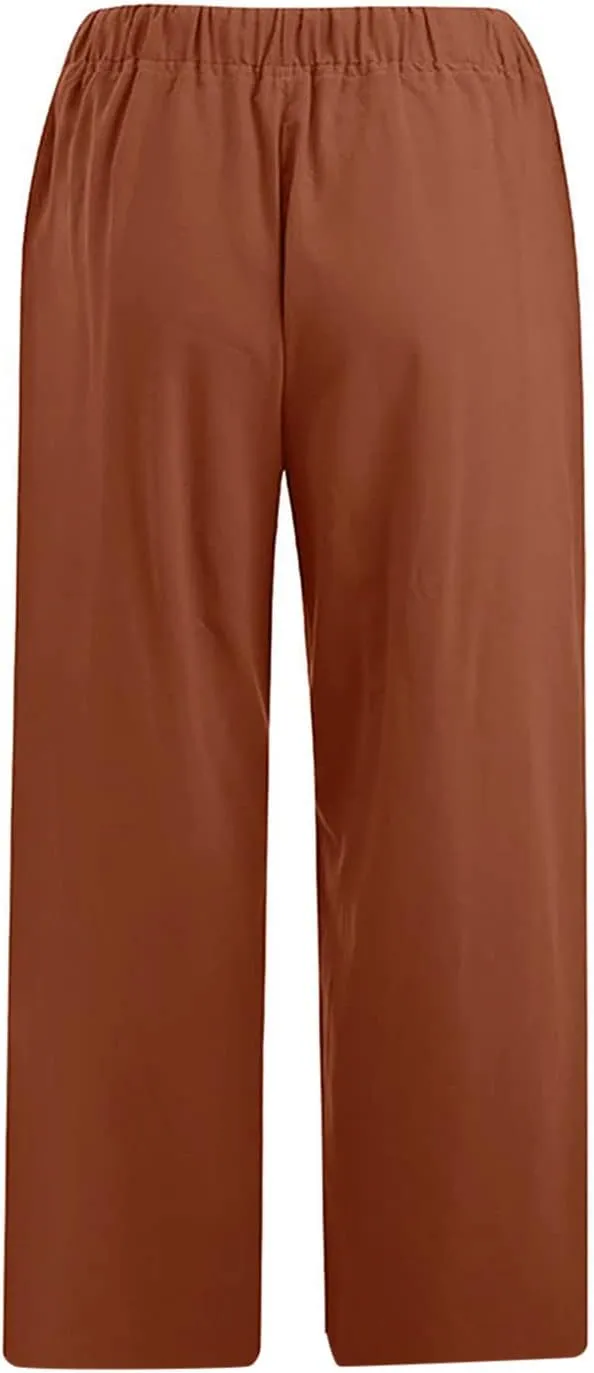 Women Cotton Linen Capris Casual Summer High Waisted Drawstring Carpi Pants Loose Comfy Cropped Trousers