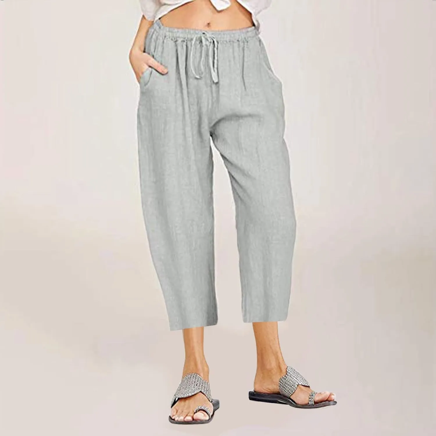 Women Cotton Linen Capris Casual Summer High Waisted Drawstring Carpi Pants Loose Comfy Cropped Trousers