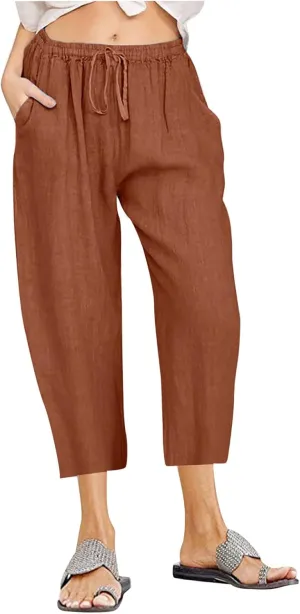 Women Cotton Linen Capris Casual Summer High Waisted Drawstring Carpi Pants Loose Comfy Cropped Trousers