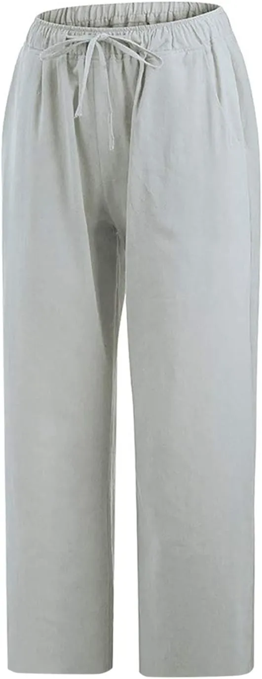 Women Cotton Linen Capris Casual Summer High Waisted Drawstring Carpi Pants Loose Comfy Cropped Trousers
