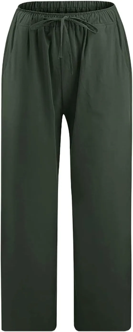 Women Cotton Linen Capris Casual Summer High Waisted Drawstring Carpi Pants Loose Comfy Cropped Trousers