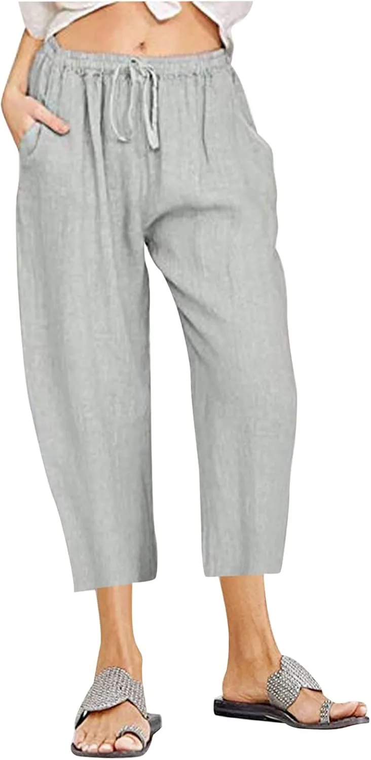 Women Cotton Linen Capris Casual Summer High Waisted Drawstring Carpi Pants Loose Comfy Cropped Trousers
