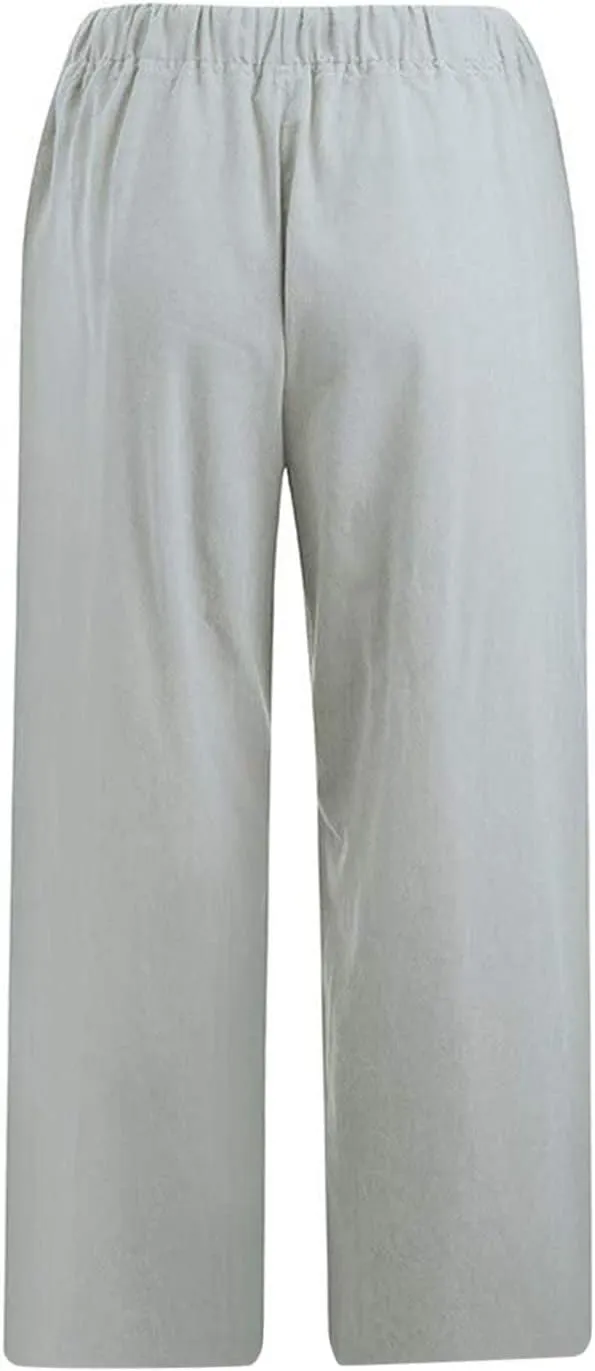 Women Cotton Linen Capris Casual Summer High Waisted Drawstring Carpi Pants Loose Comfy Cropped Trousers