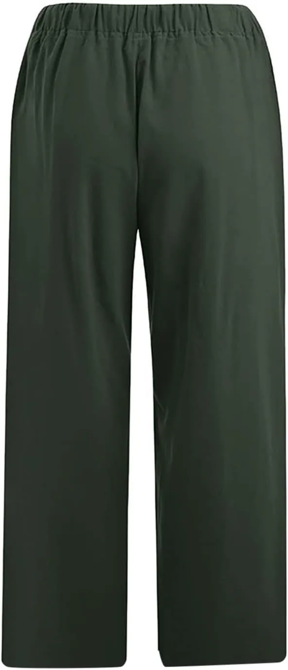 Women Cotton Linen Capris Casual Summer High Waisted Drawstring Carpi Pants Loose Comfy Cropped Trousers