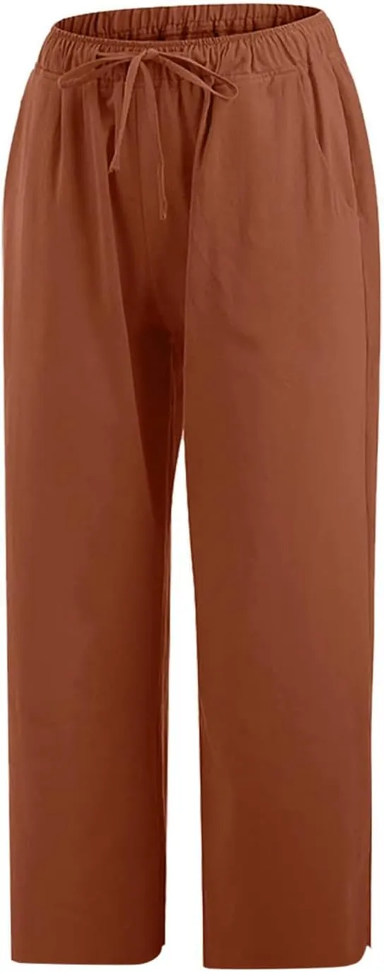 Women Cotton Linen Capris Casual Summer High Waisted Drawstring Carpi Pants Loose Comfy Cropped Trousers