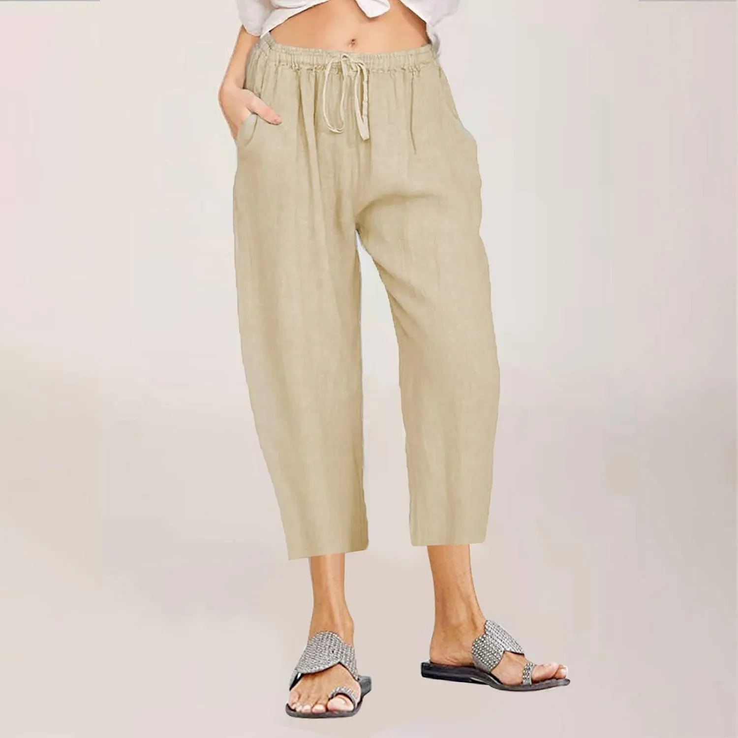 Women Cotton Linen Capris Casual Summer High Waisted Drawstring Carpi Pants Loose Comfy Cropped Trousers